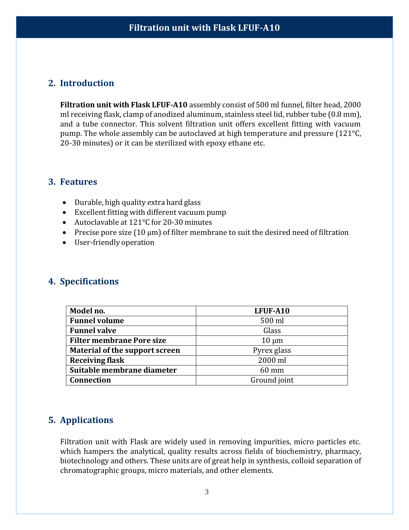Filtration unit with Flask LFUF-A10 Manual